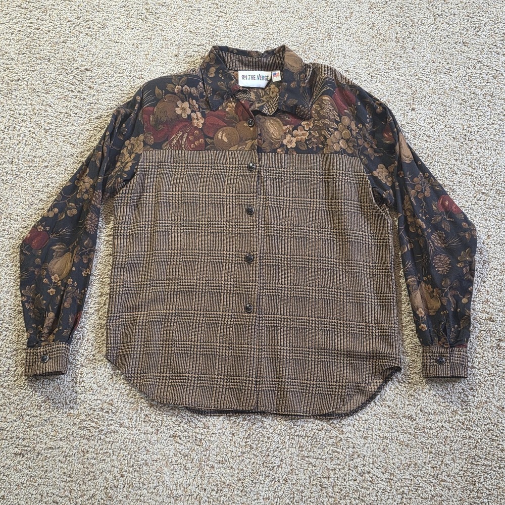 Vintage‎ On The Verge Shirt Womens Medium Brown Plaid Floral Button Up USA